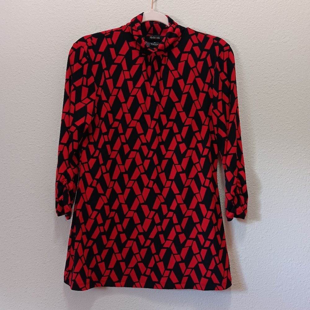 Style & Co High Neck Blouse Medium Cropped Sleeve Long Black Red